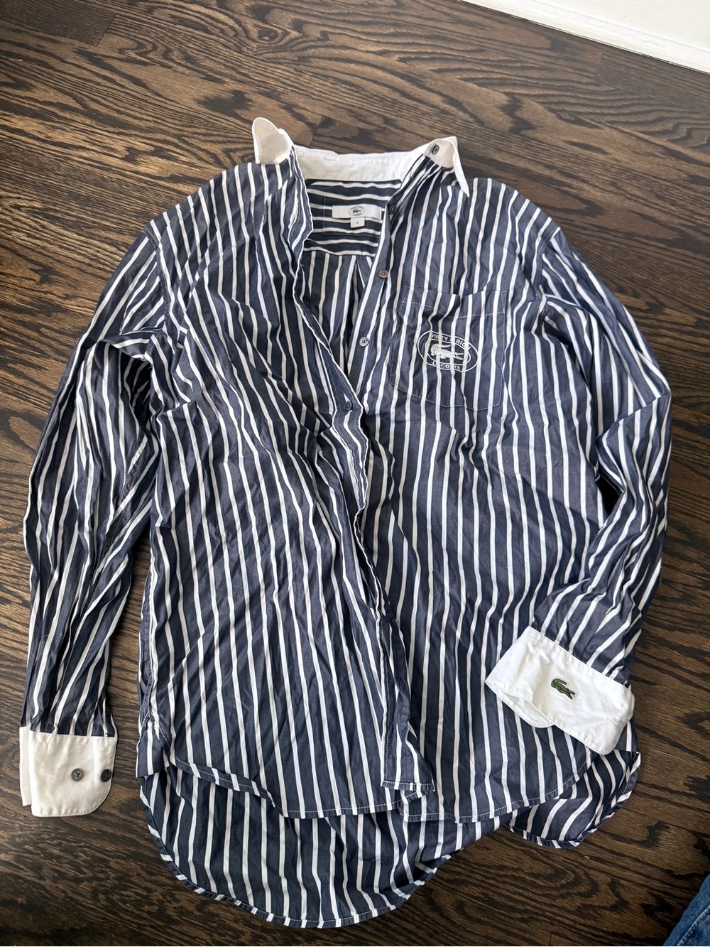 Lacoste c Sporty and Rich - Navy and White Striped Shirt with Contrast Collar